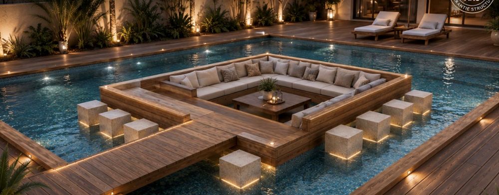 Îlot lounge flottant au cœur de la piscine